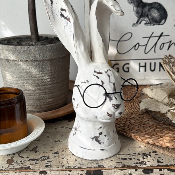 Other - Distressed White Rabbit Head Sculpture with Glasses - Home Art Decor
